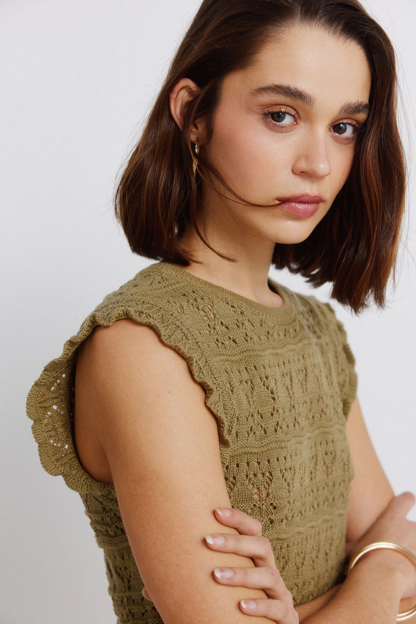 Springfield Top pointelle con volante kaki