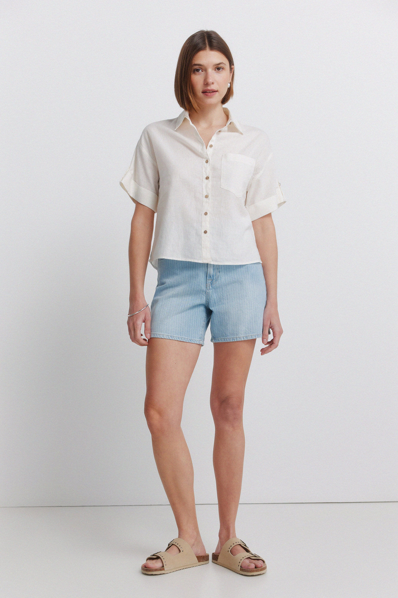 Springfield Camisa de lino de manga corta beige