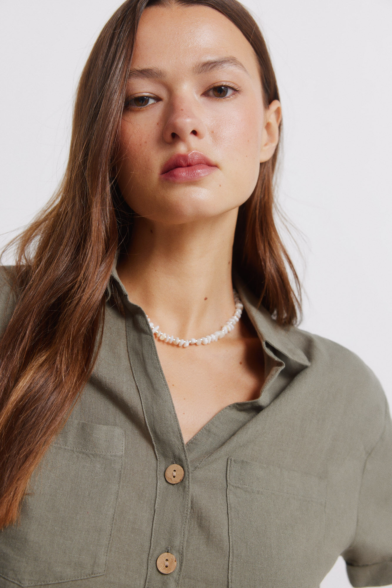 Springfield Camisa de lino de manga corta khaki