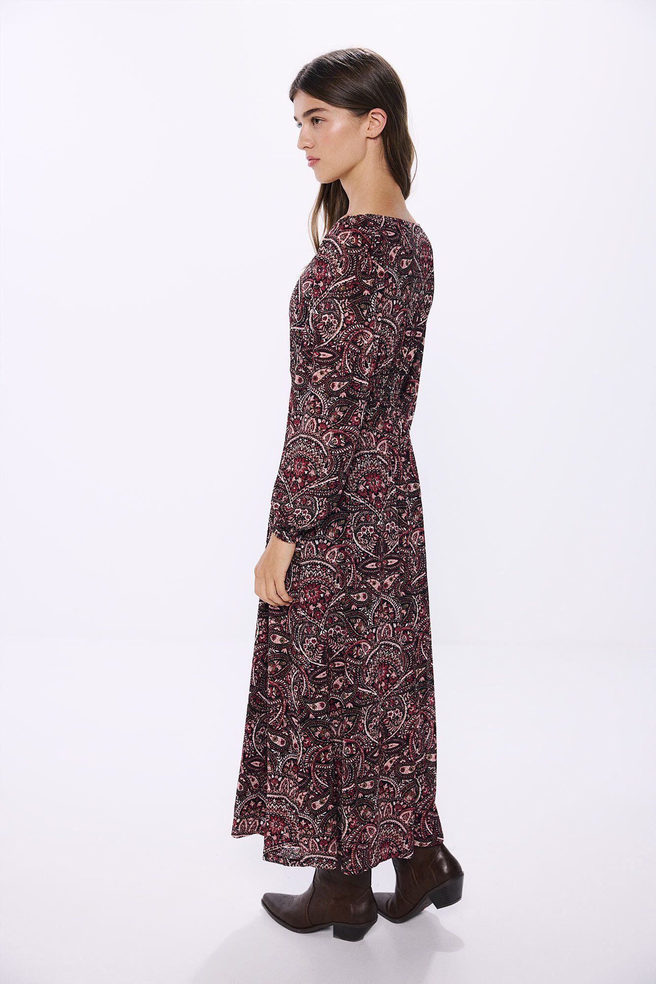 Springfield Vestido midi estampado combinado cenefas estampado