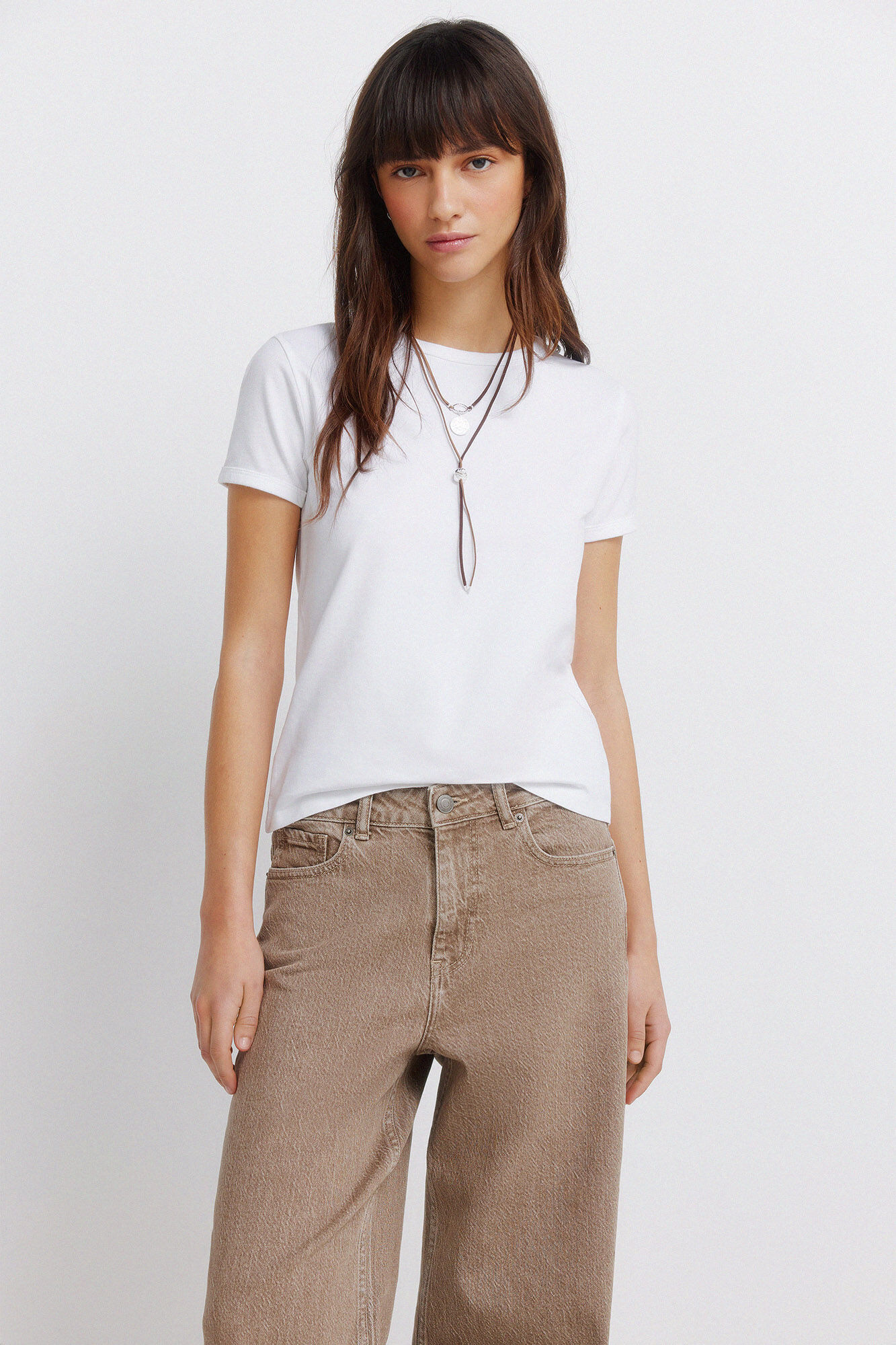 Springfield Jeans wide leg de tiro alto beige