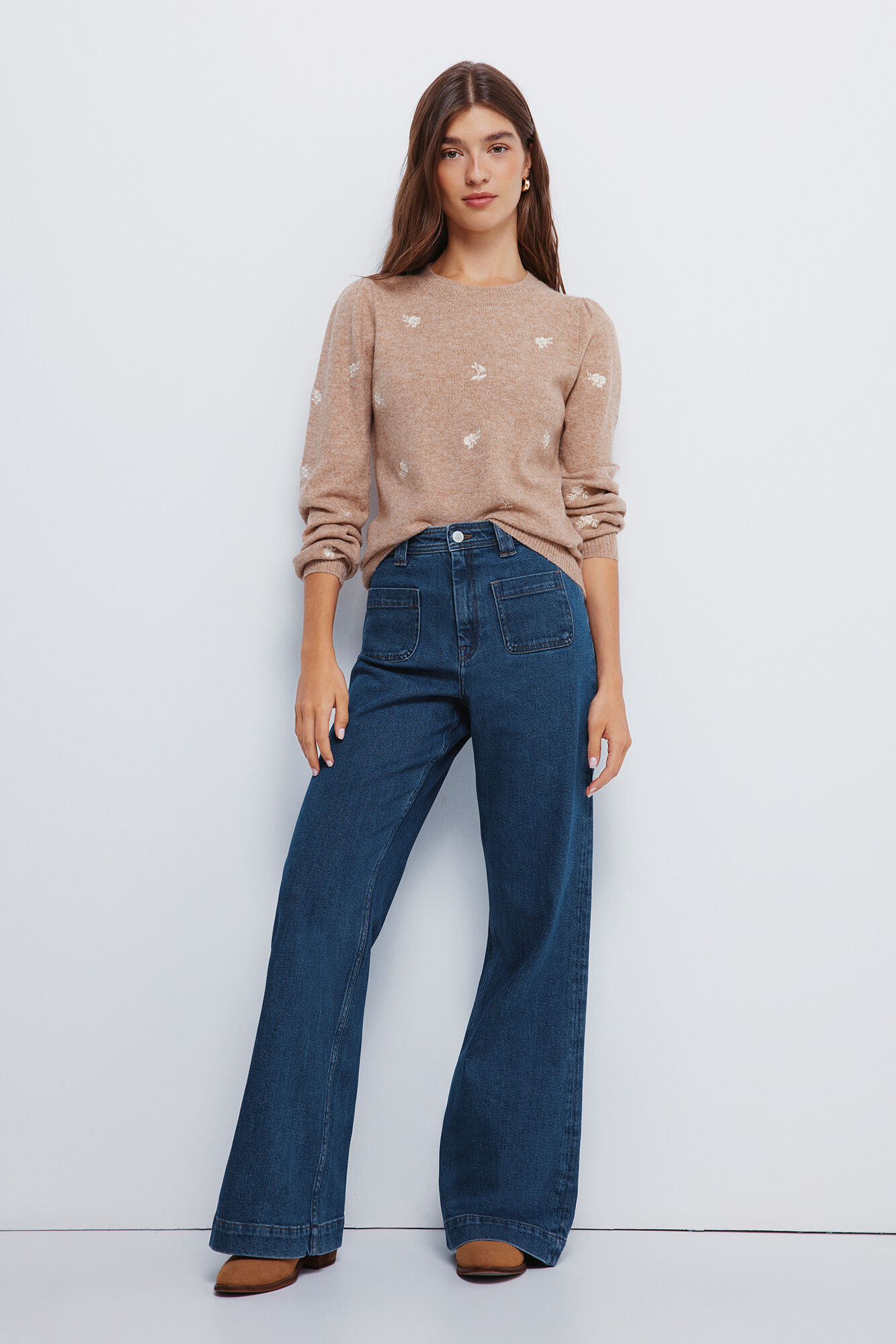 Springfield Jersey bordado con flores caf&eacute;