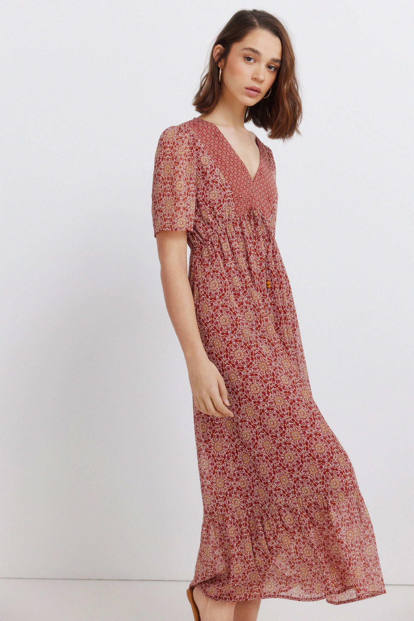 Springfield Vestido midi con estampado cenefa en el escote coral