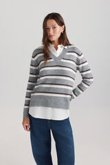 Springfield Su&eacute;ter de rayas bimateria cuello pico gris