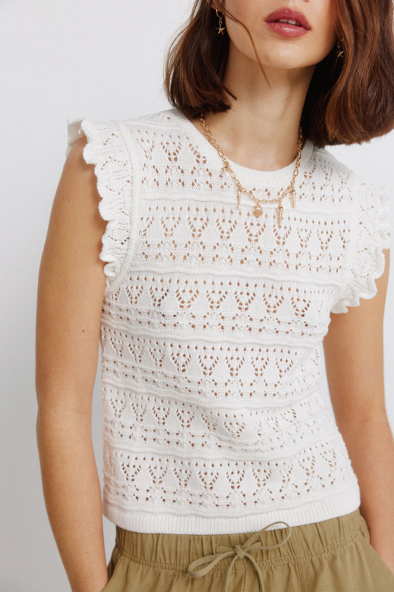 Springfield Top pointelle con volante beige