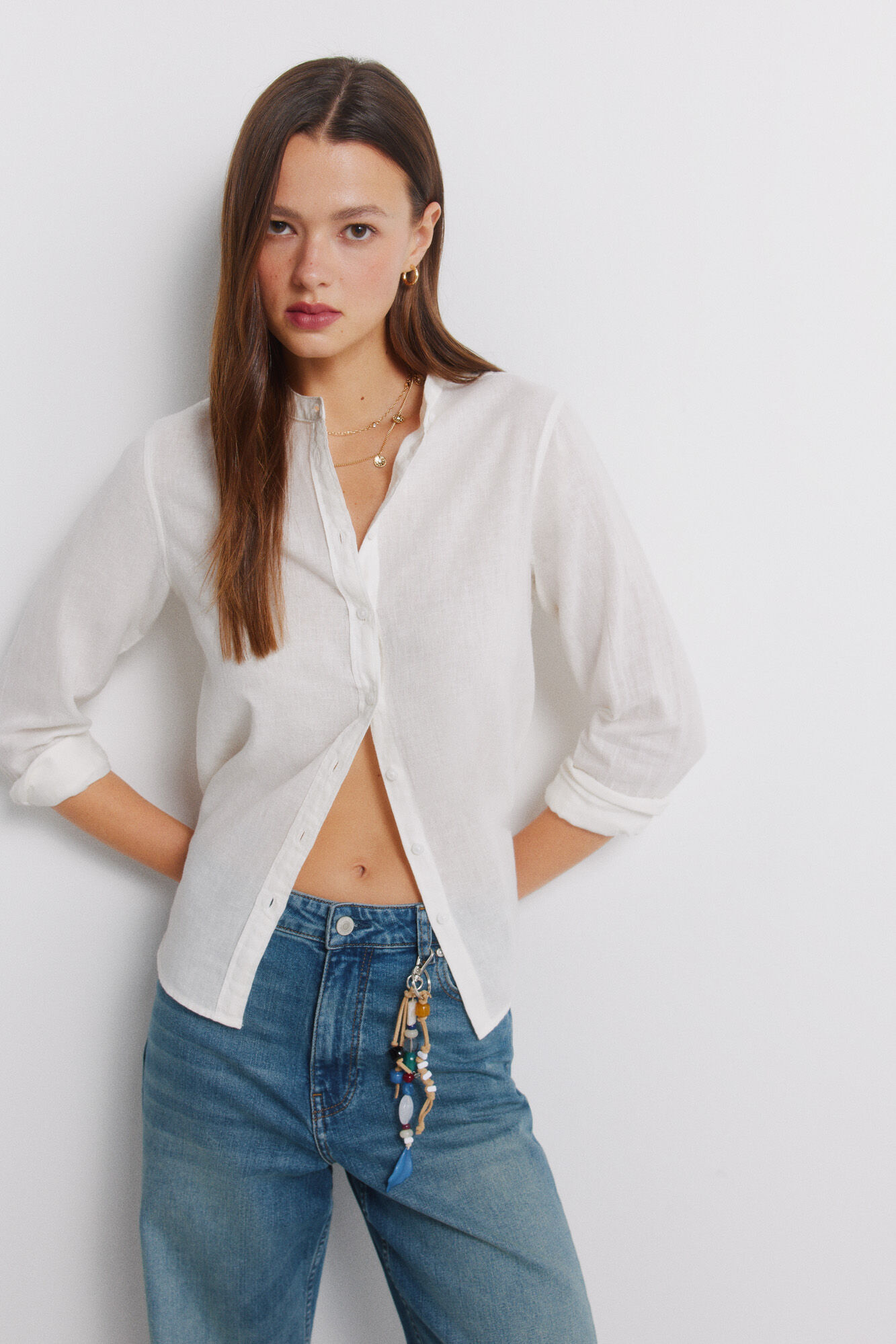 Springfield Camisa manga larga cuello mao de lino beige