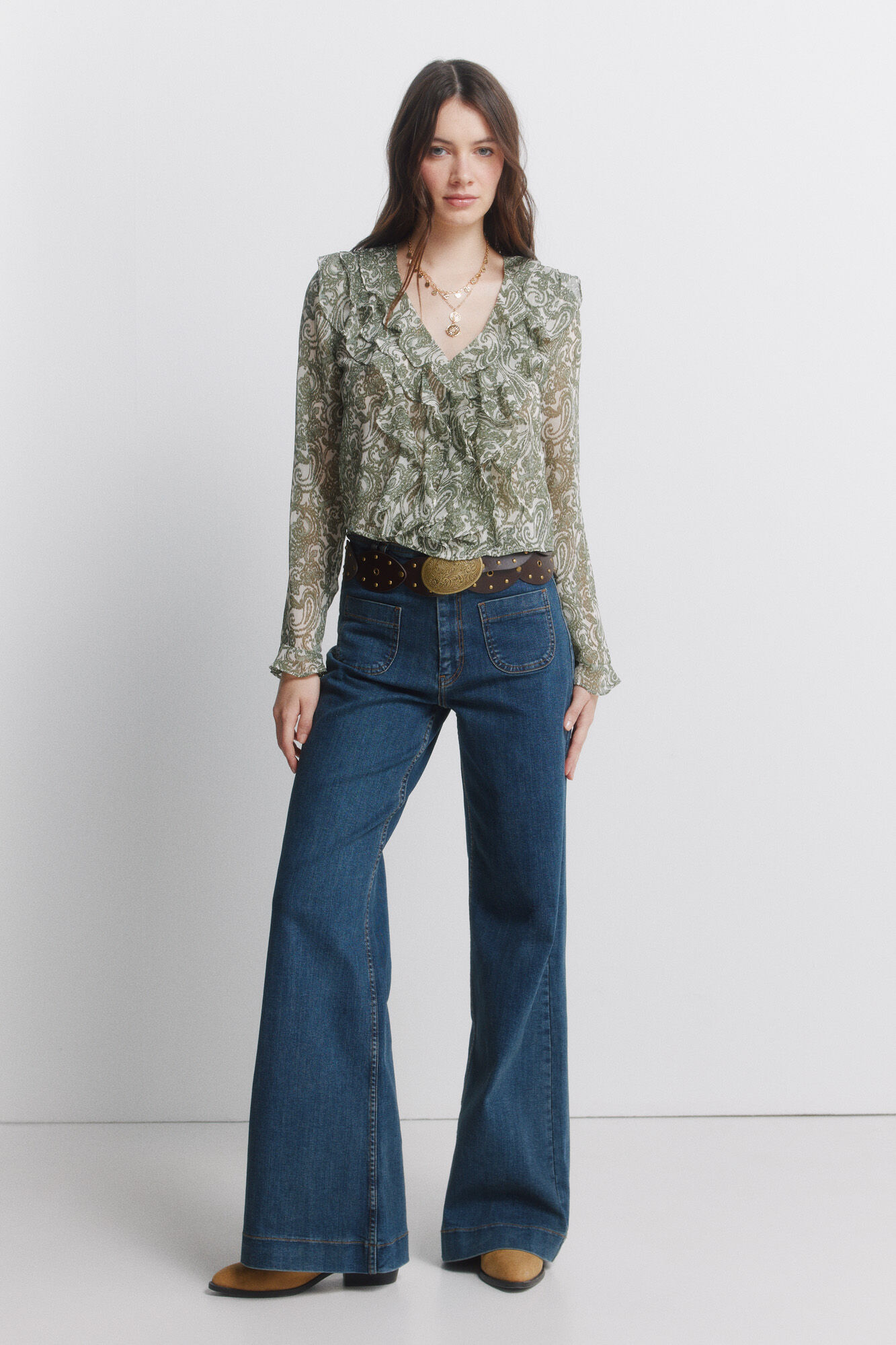 Springfield Blusa estampada con volantes de gasa khaki