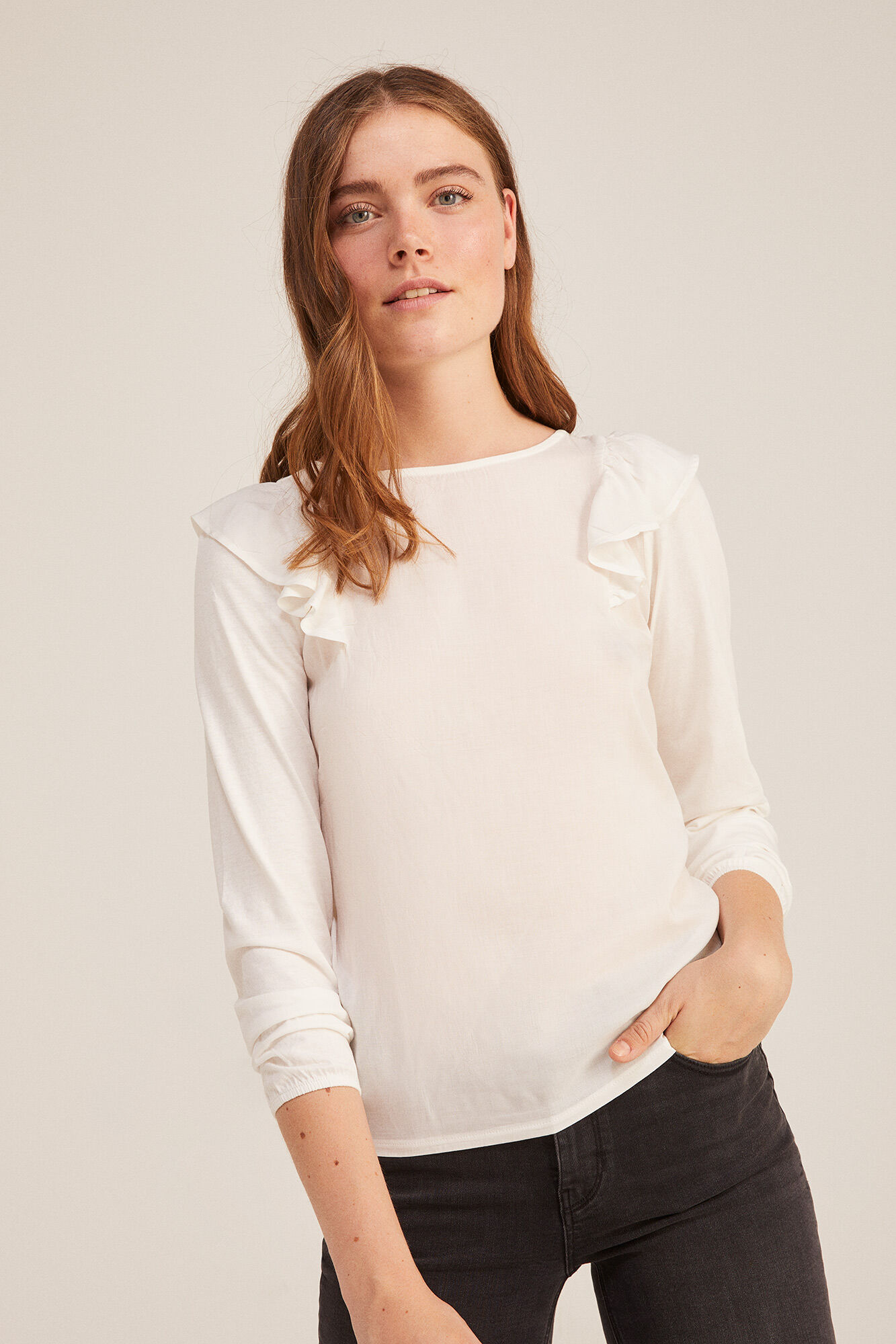 Springfield Playera Bimateria Hombros Volante beige