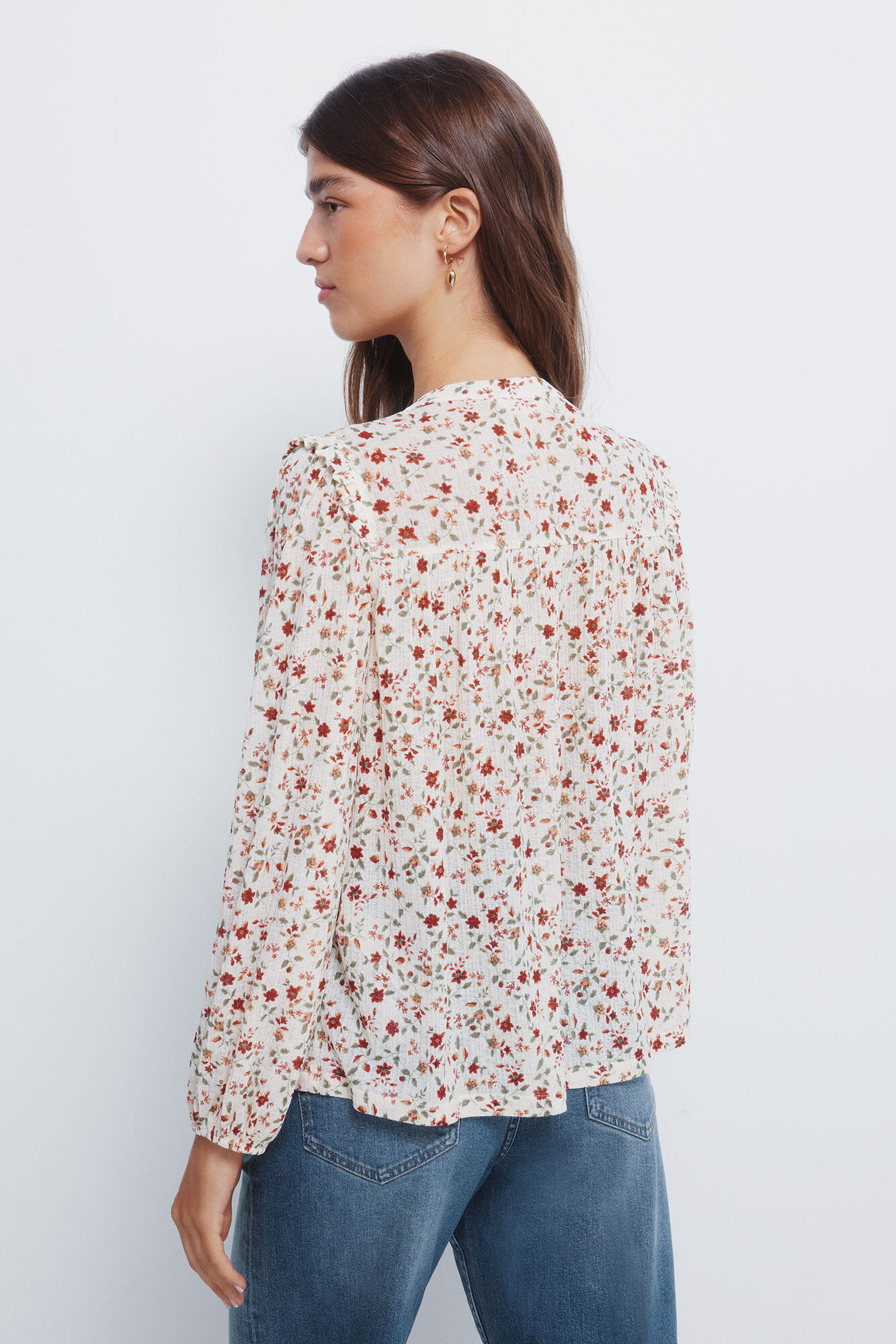 Springfield Blusa estampada con inserciones de volante blanco