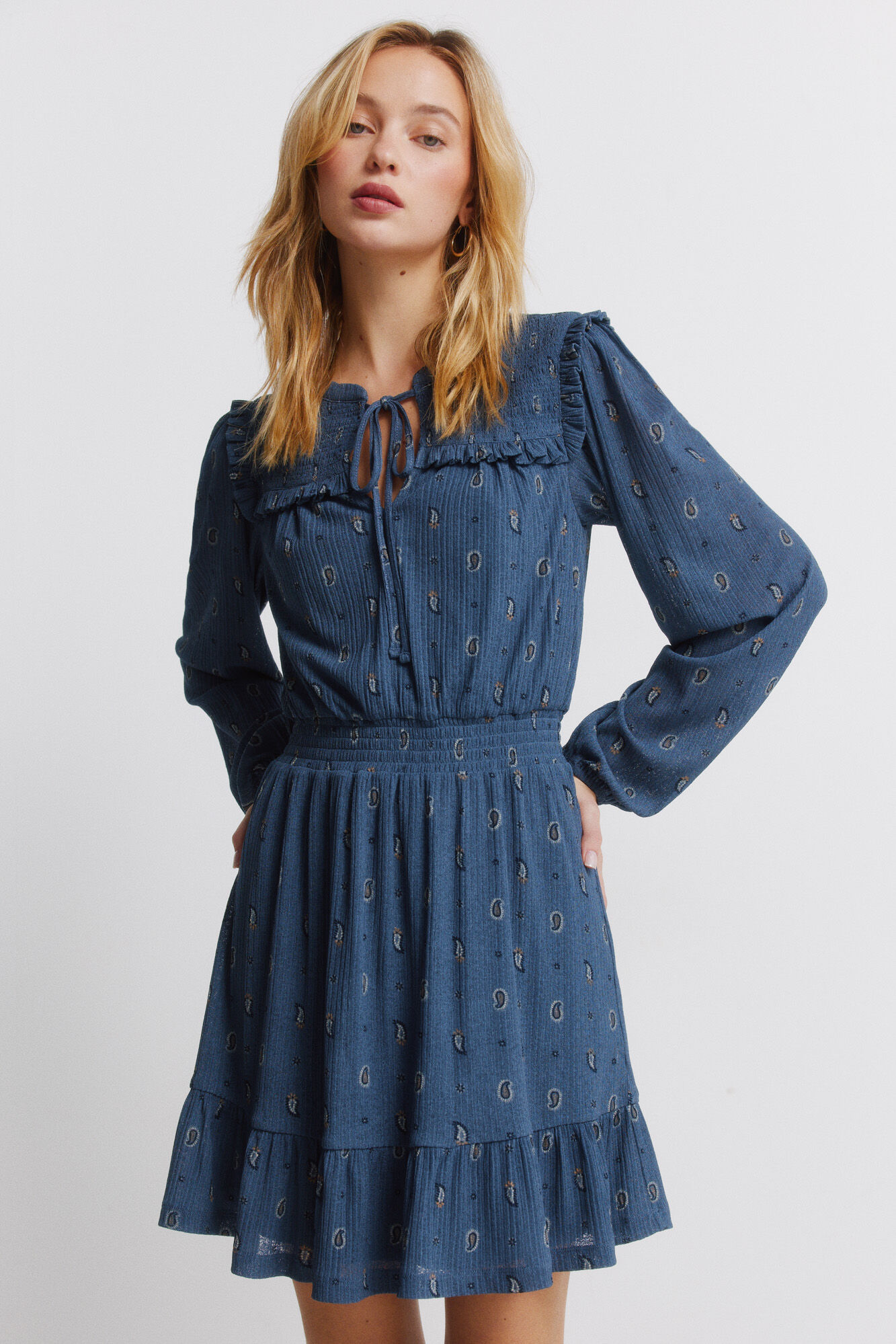 Springfield Vestido corto de manga larga volantes azul indigo