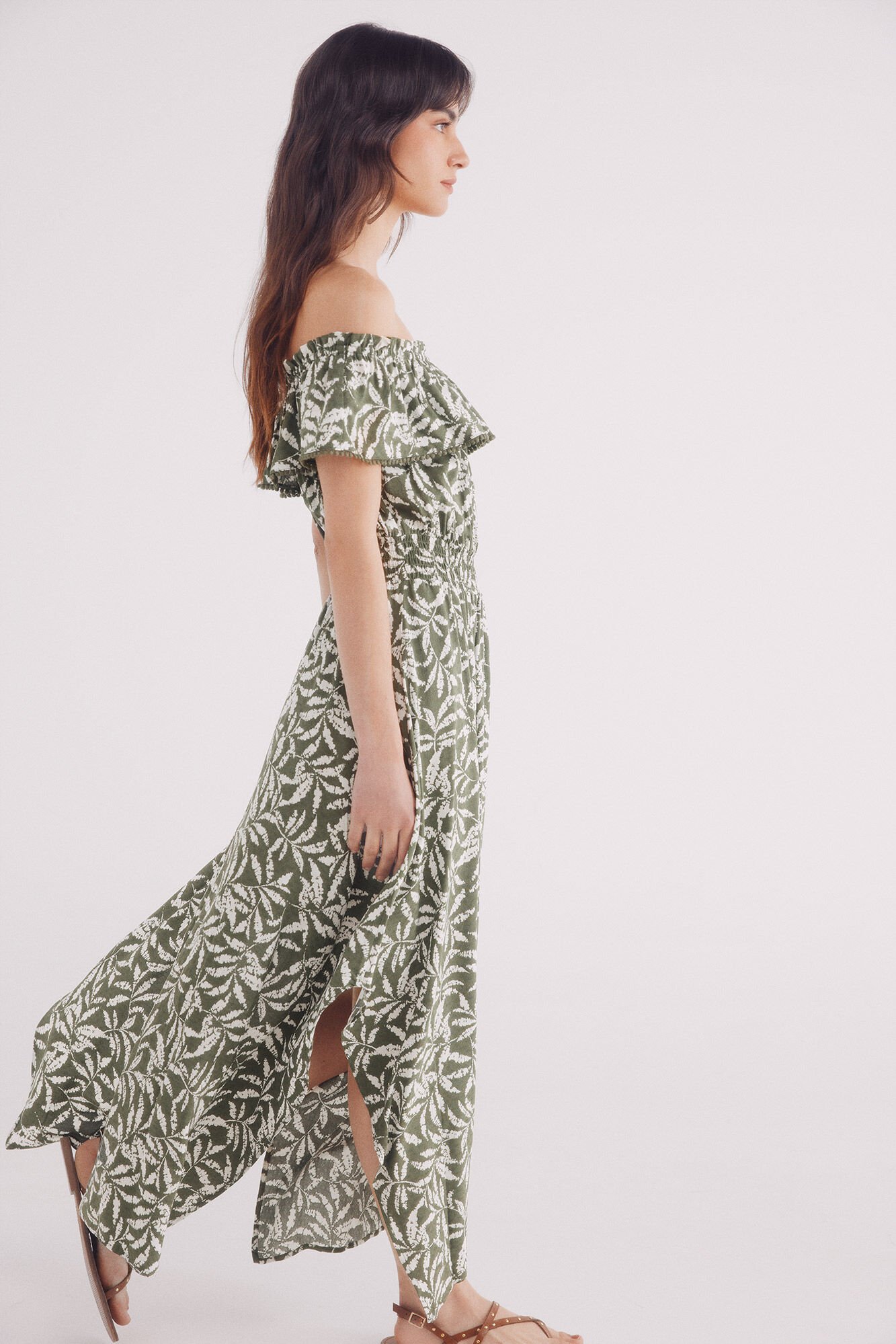 Springfield Vestido midi escote volante estampado