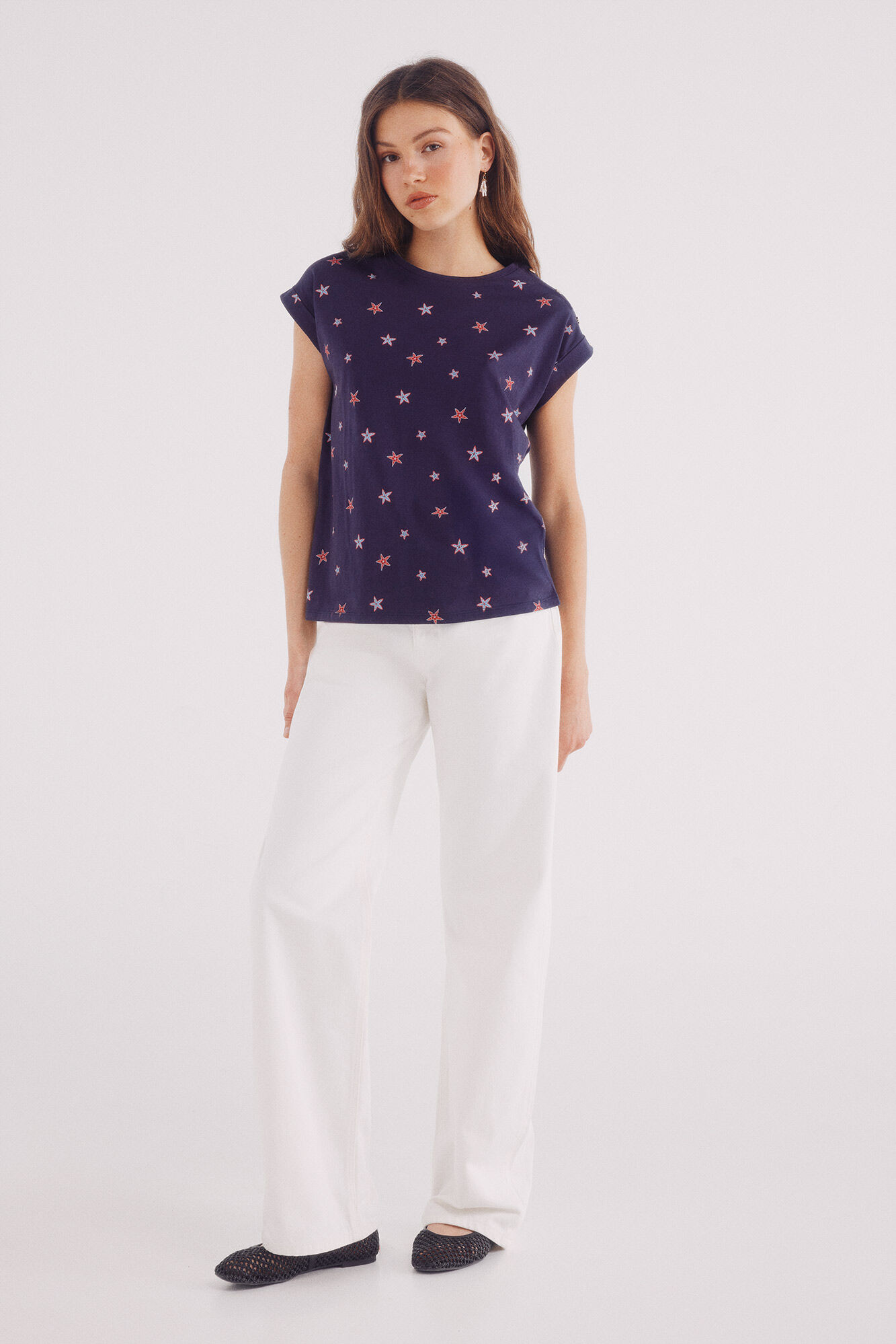 Springfield Playera estampada botones hombro azulado