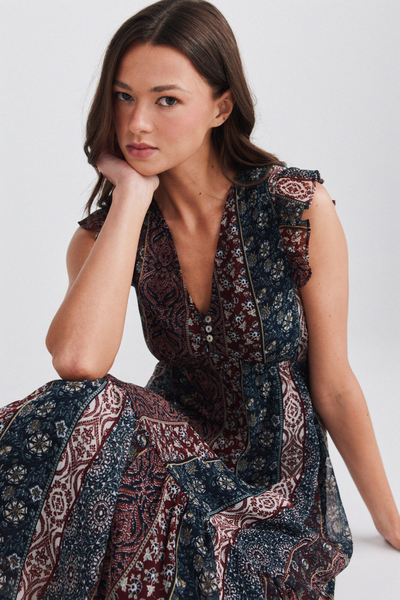 Springfield Vestido con volantes estampado cenefa