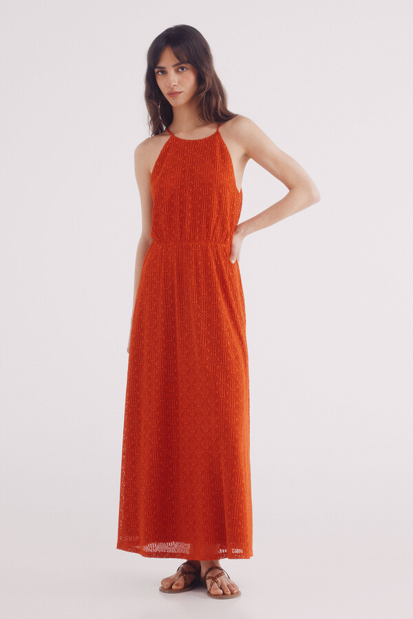 Springfield Vestido midi escote halter crochet naranja