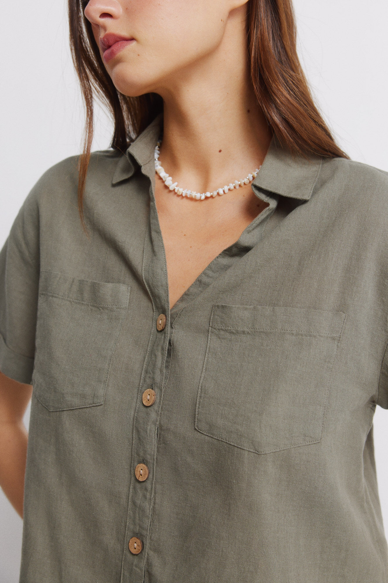 Springfield Camisa de lino de manga corta khaki