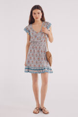 Springfield Vestido corto con cintura el&aacute;stica y estampado. marfil