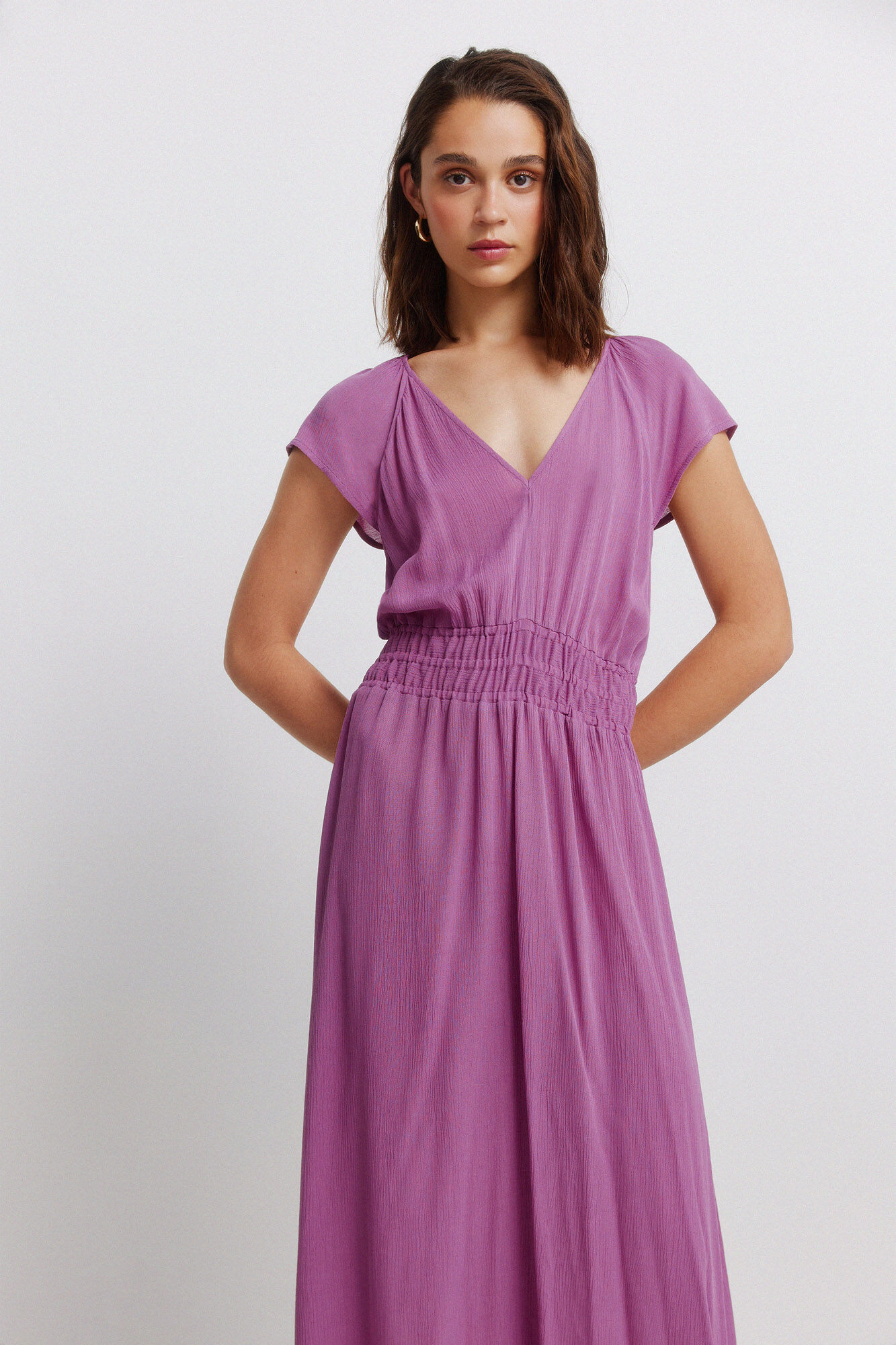 Springfield Vestido midi liso con el&aacute;stico en la cintura morado/lila