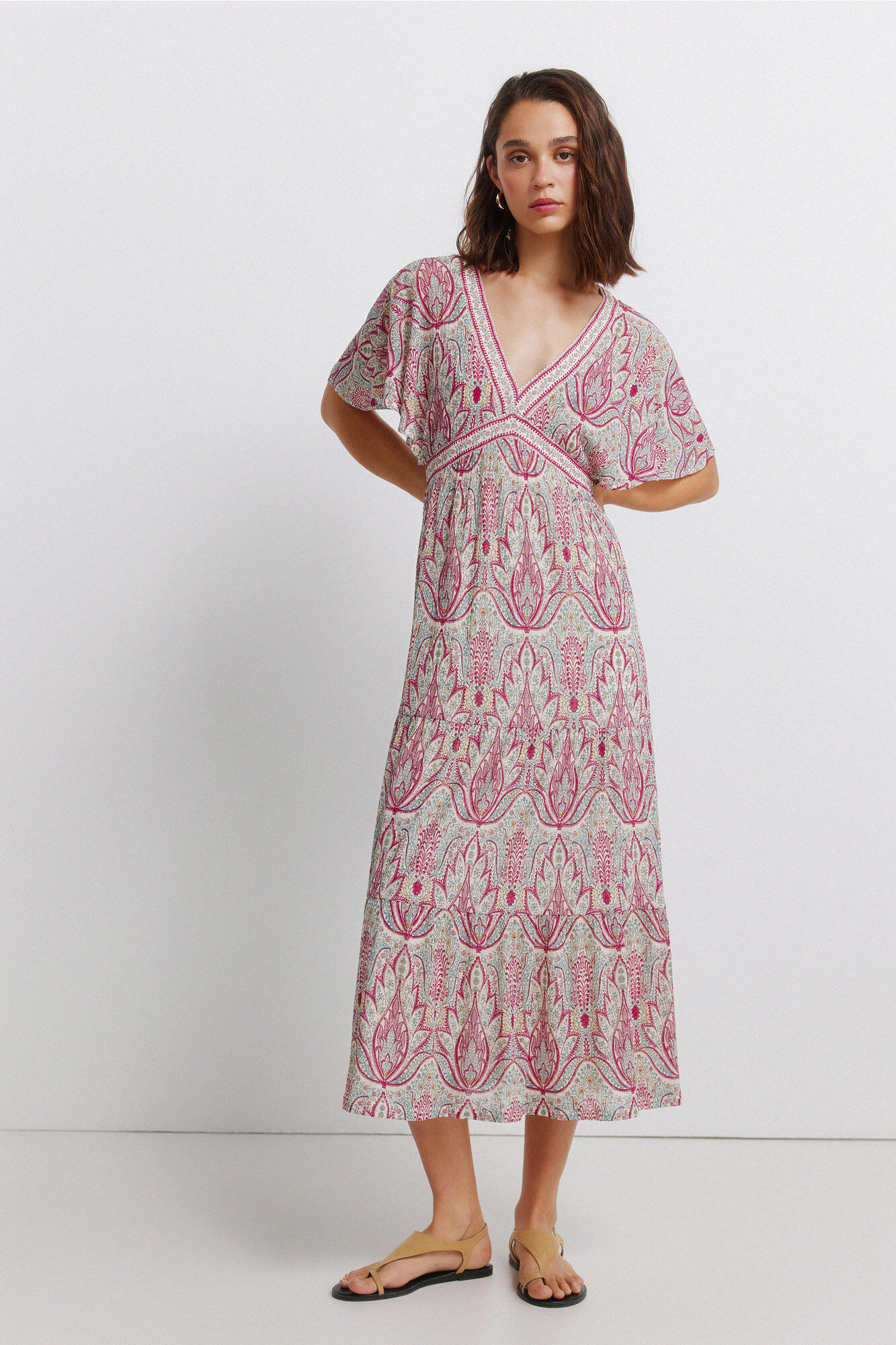 Springfield Vestido midi de manga corta estampado