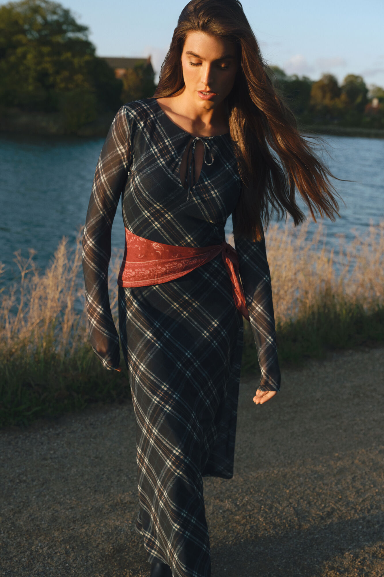 Springfield Vestido midi de gasa a cuadros