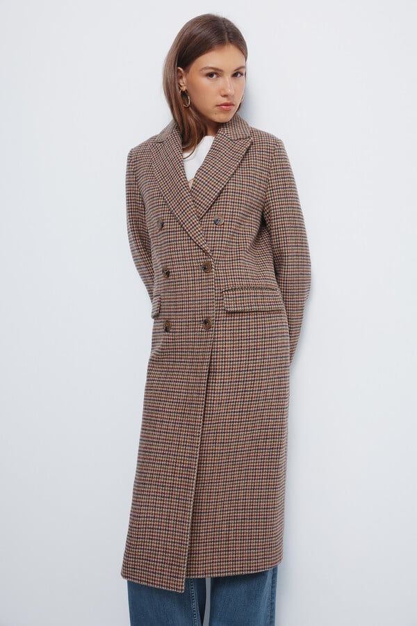 Springfield Chamarra largo de doble chamarra a cuadros café