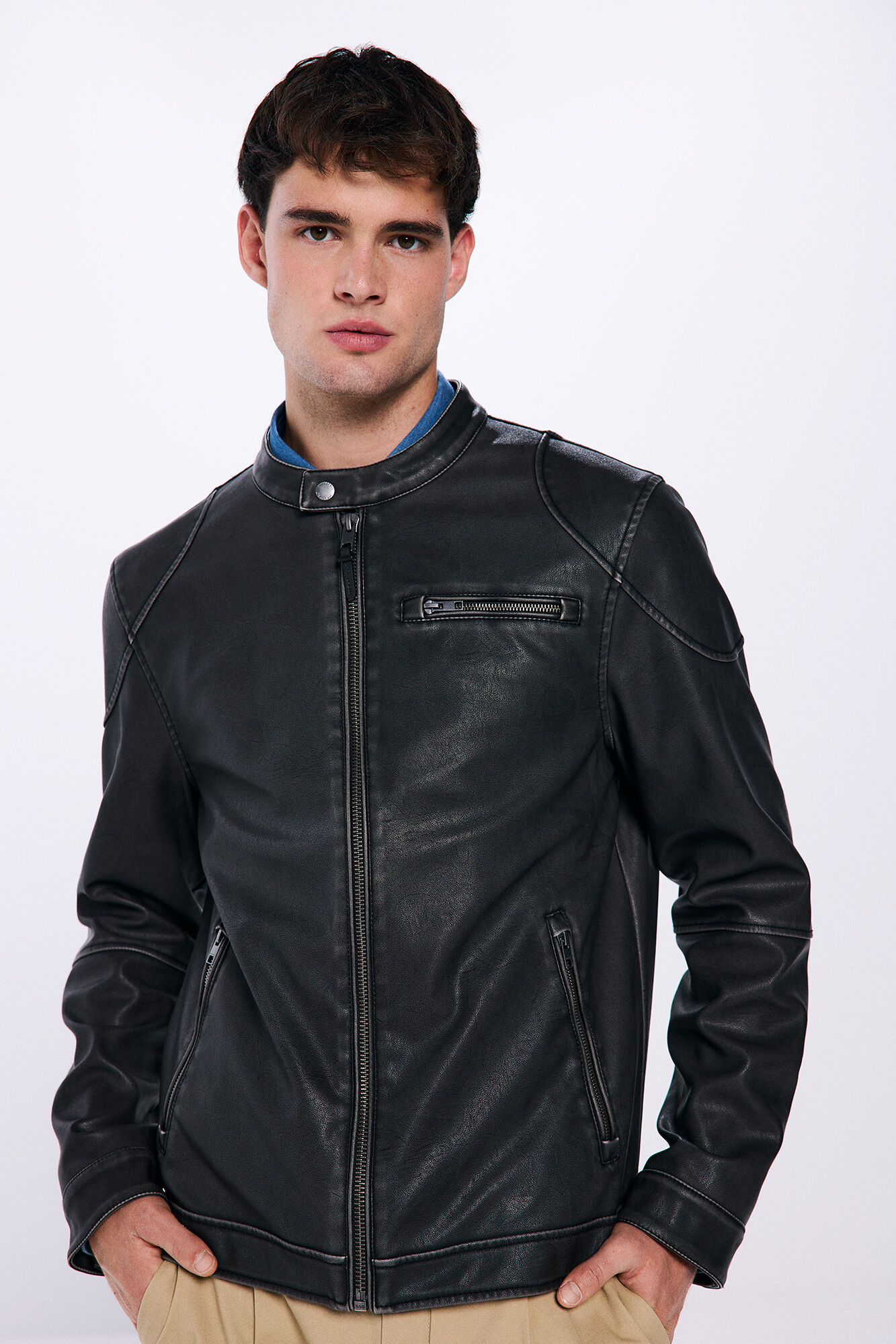 Springfield Chamarra motera efecto piel lavada estampado