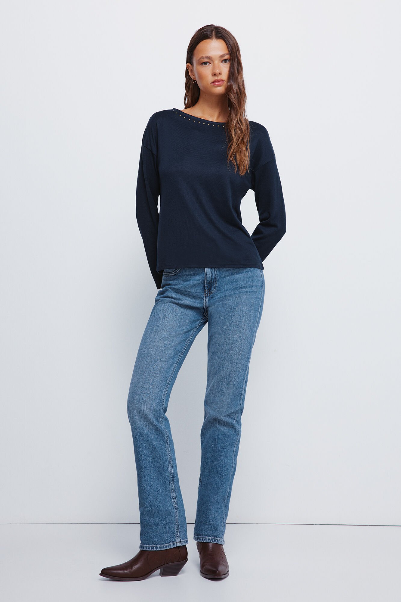 Springfield Playera con cuello barco y tachuelas marino