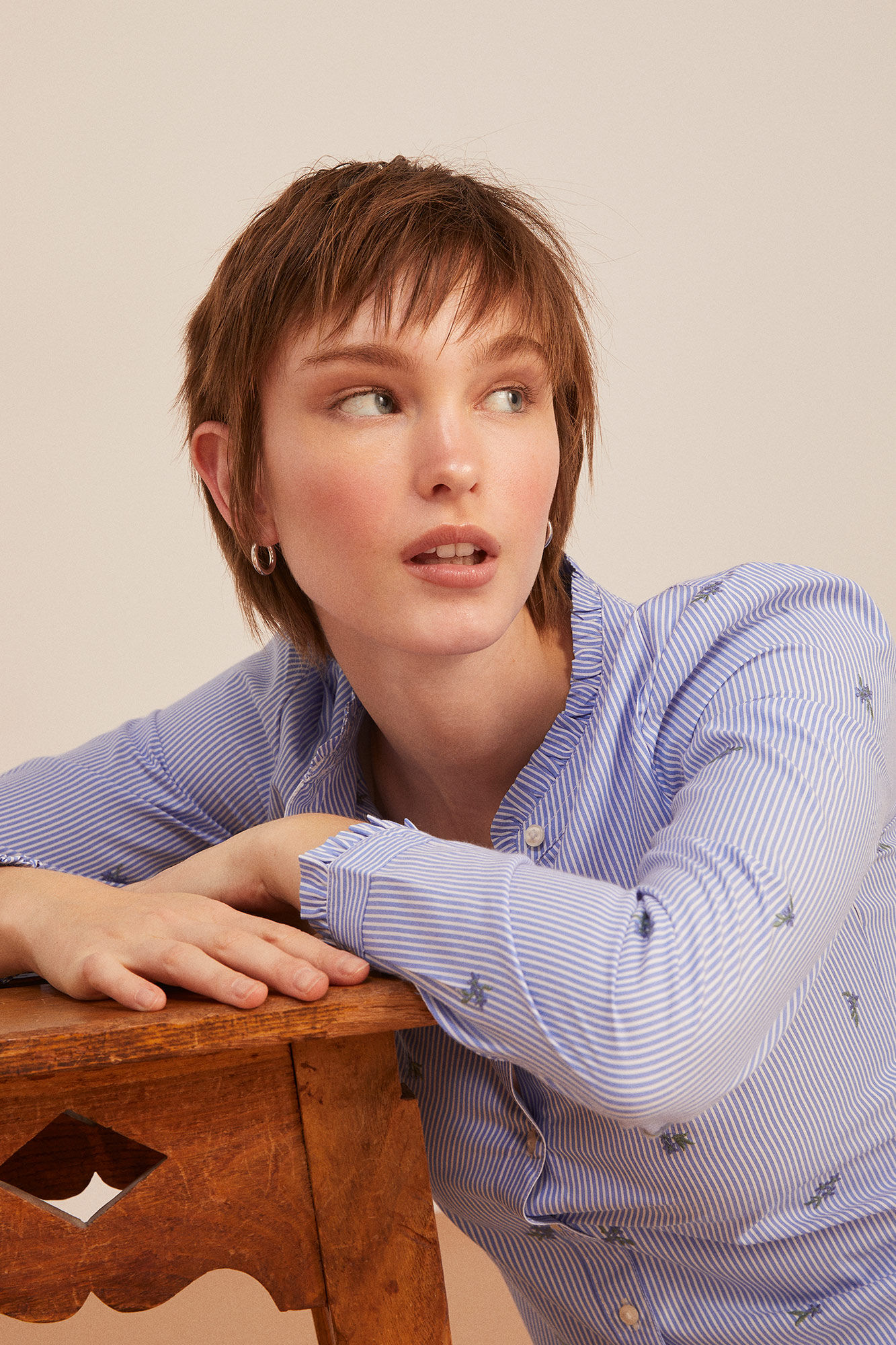 Springfield Blusa Rayas Bordados Flor azul