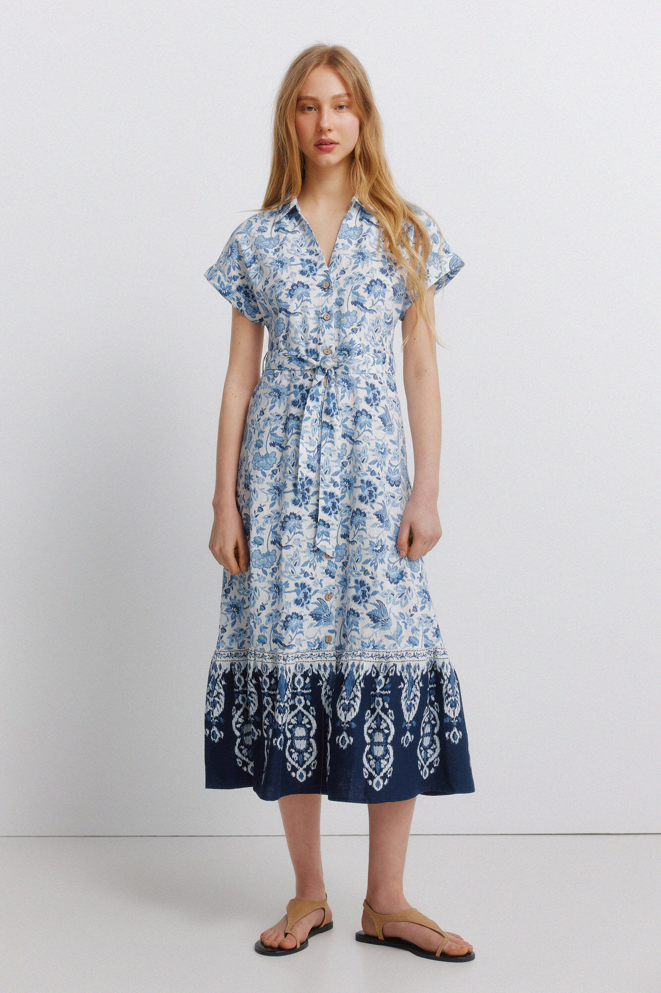 Springfield Vestido camisero de lino estampado