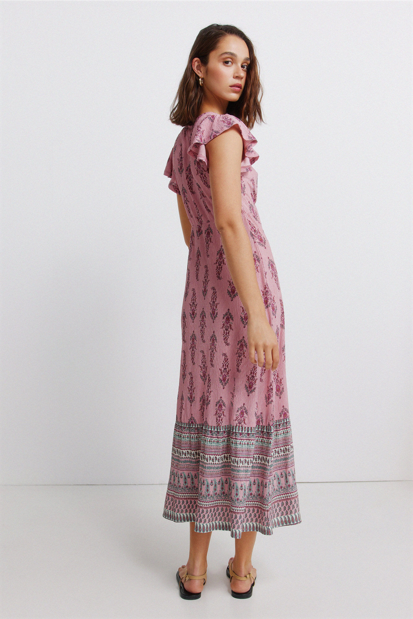Springfield Vestido midi con volantes estampado cenefa morado/lila