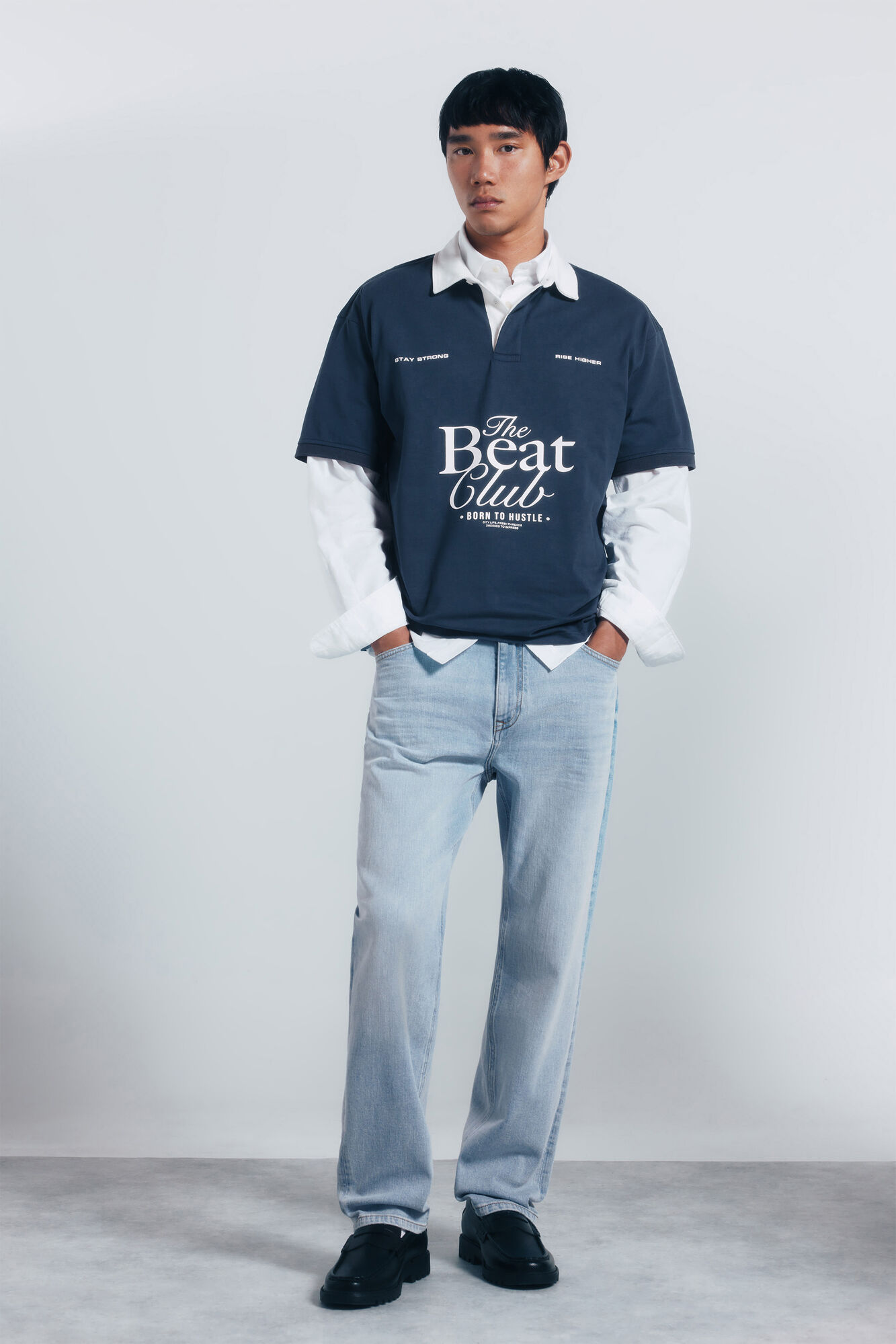 Springfield Polo de rugby con textos de corte cuadrado azul indigo