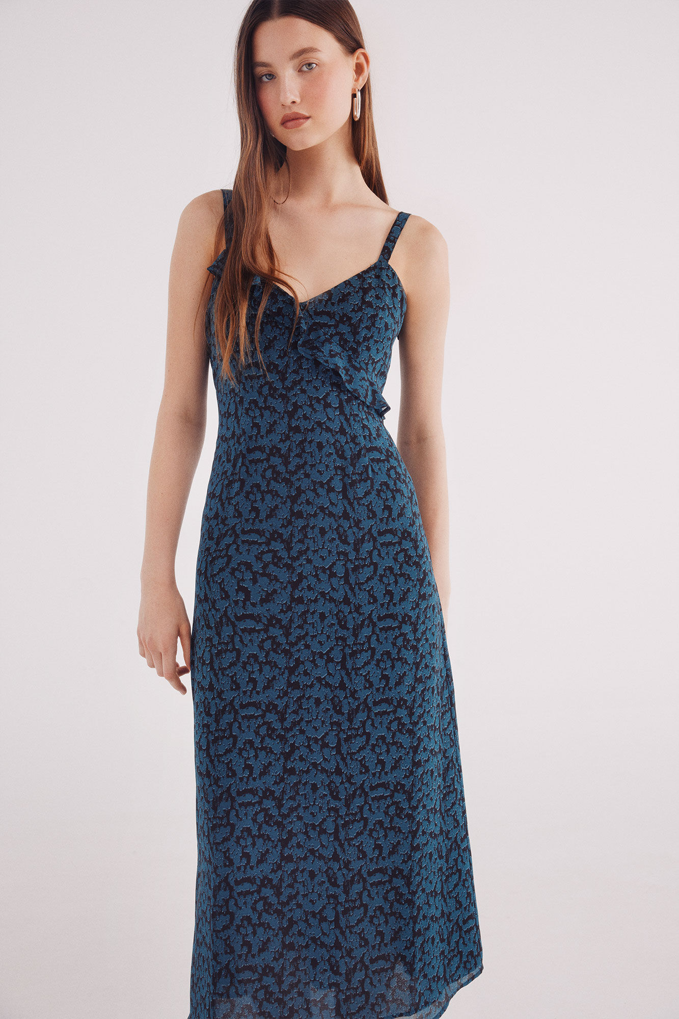 Springfield Vestido midi escote volante estampado negro