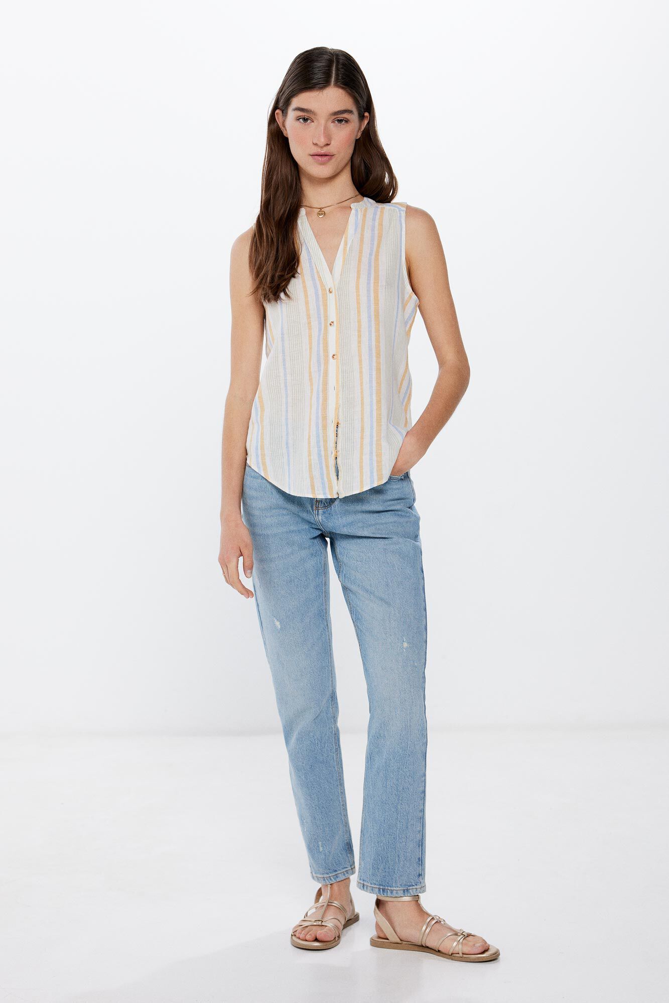 Blusa cuello mao sin mangas algodon lino Camisas y blusas de mujer Springfield MX