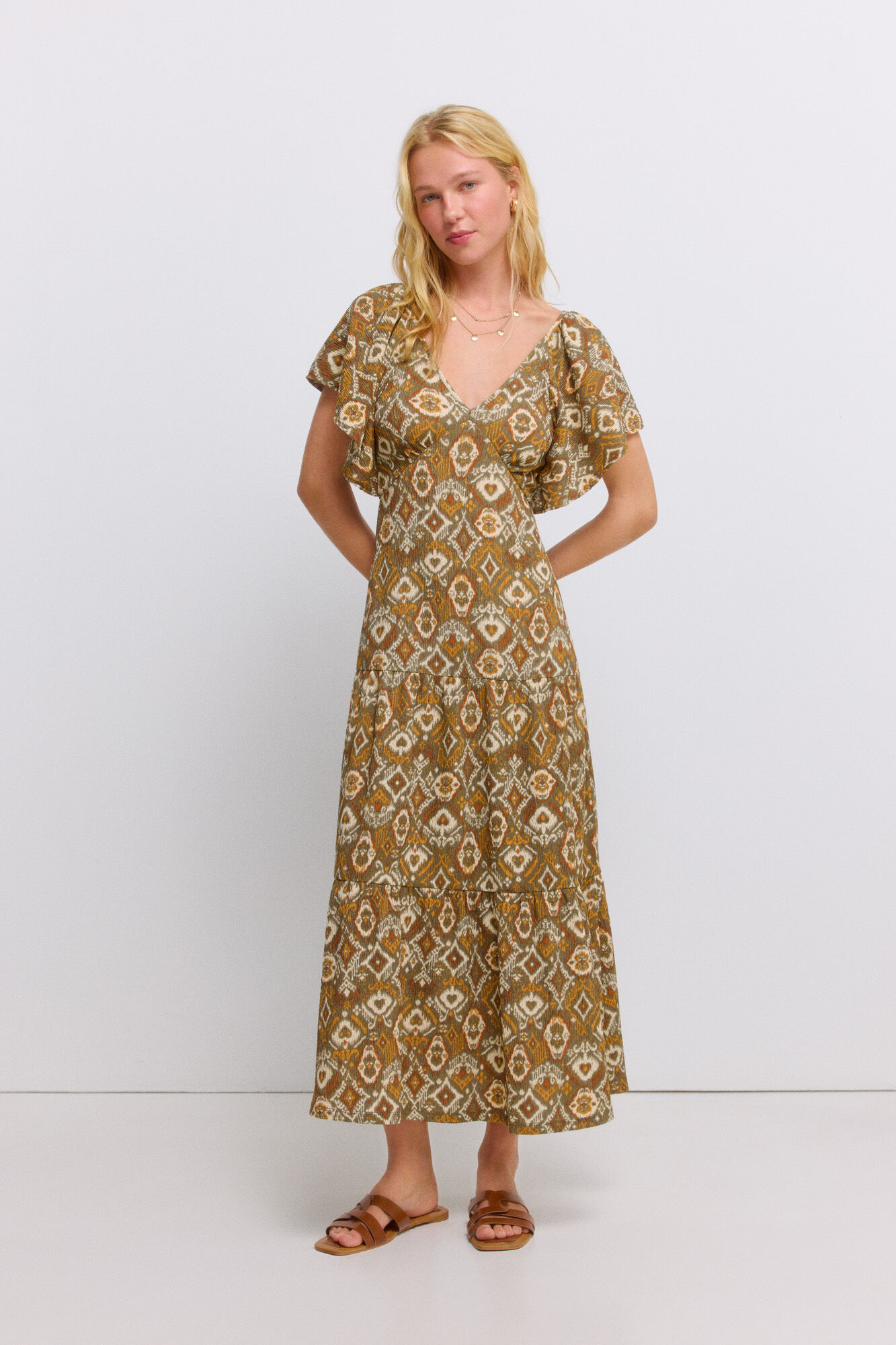 Springfield Vestido midi estampado con volantes khaki