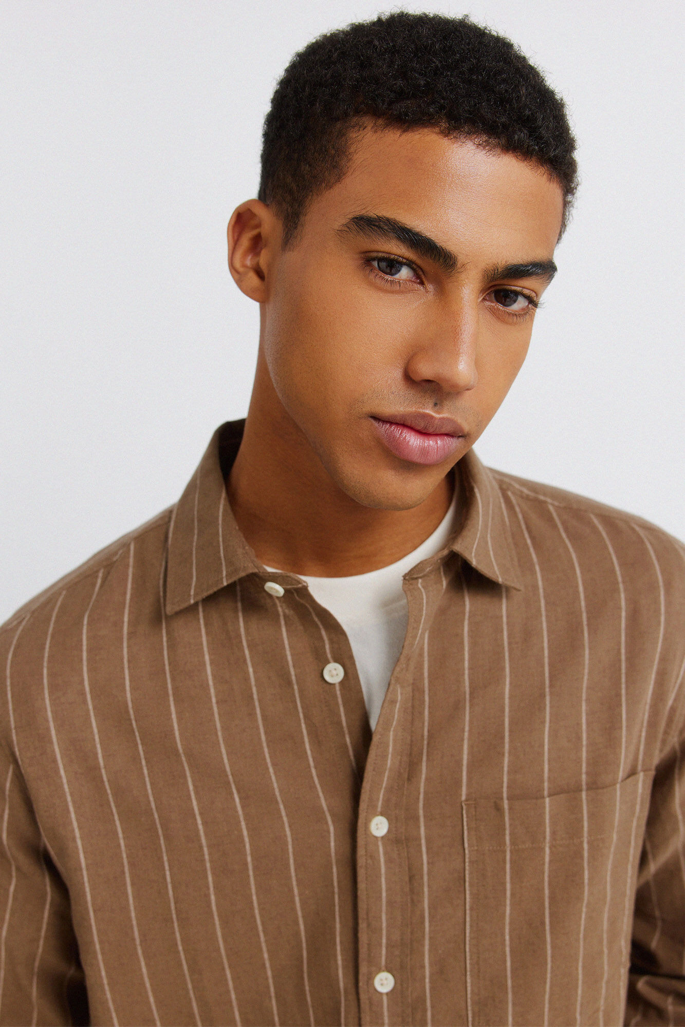 Springfield Camisa de rayas con lino caf&eacute;