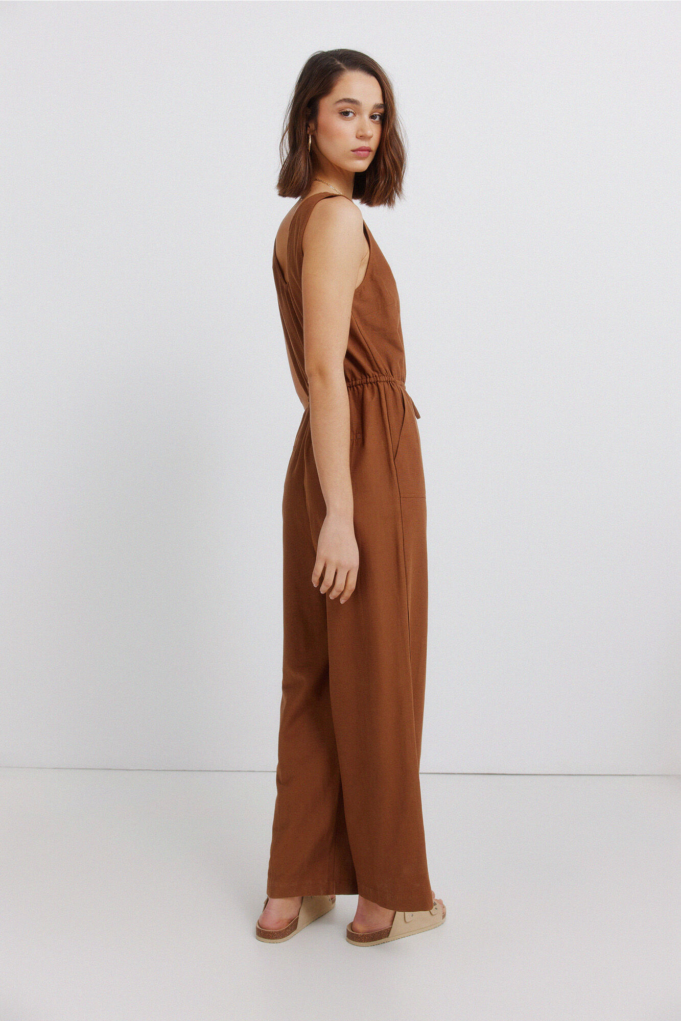 Springfield Jumpsuit sin mangas estampado de lino caf&eacute;