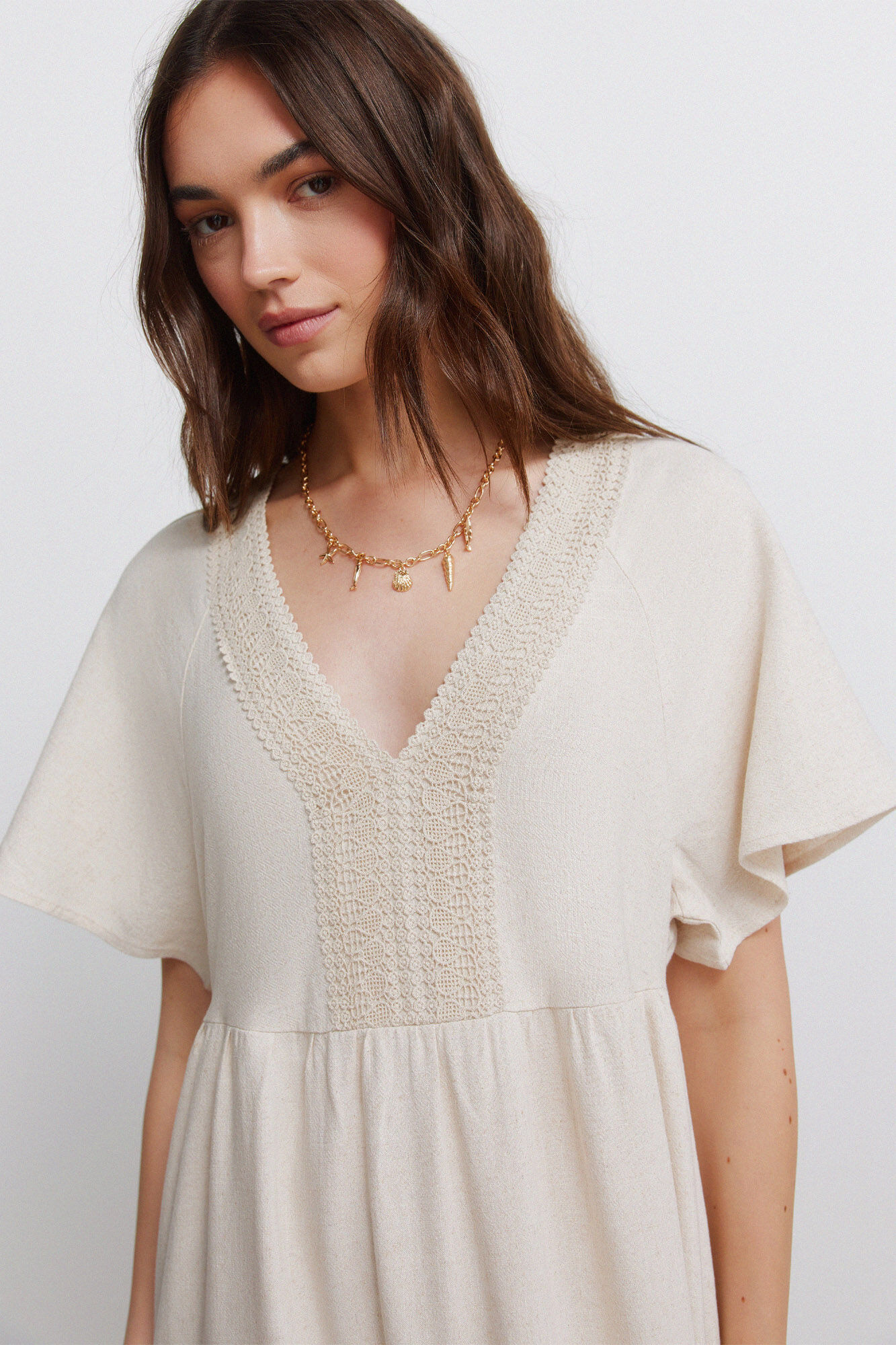 Springfield Vestido midi de lino crochet caf&eacute;