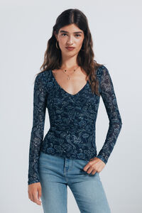 Springfield Playera gasa escote frunces estampada