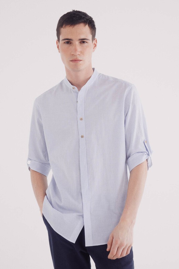 Springfield Camisa mao 3/4 seersucker rayas azul tinta