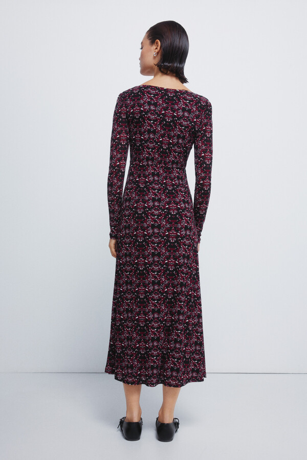 Springfield Vestido midi estampado con escote fruncido negro