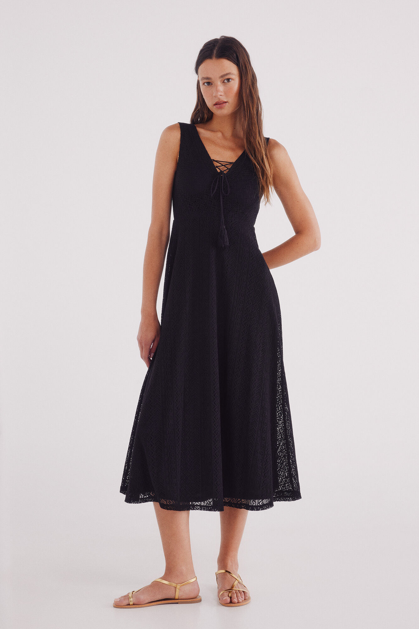 Springfield Vestido midi crochet escote lazo borlas negro