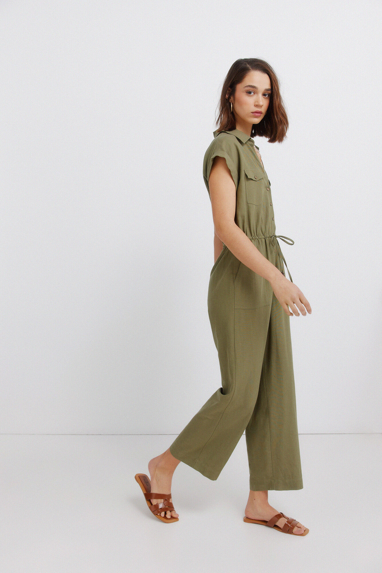 Springfield Jumpsuit de lino con bolsillos kaki