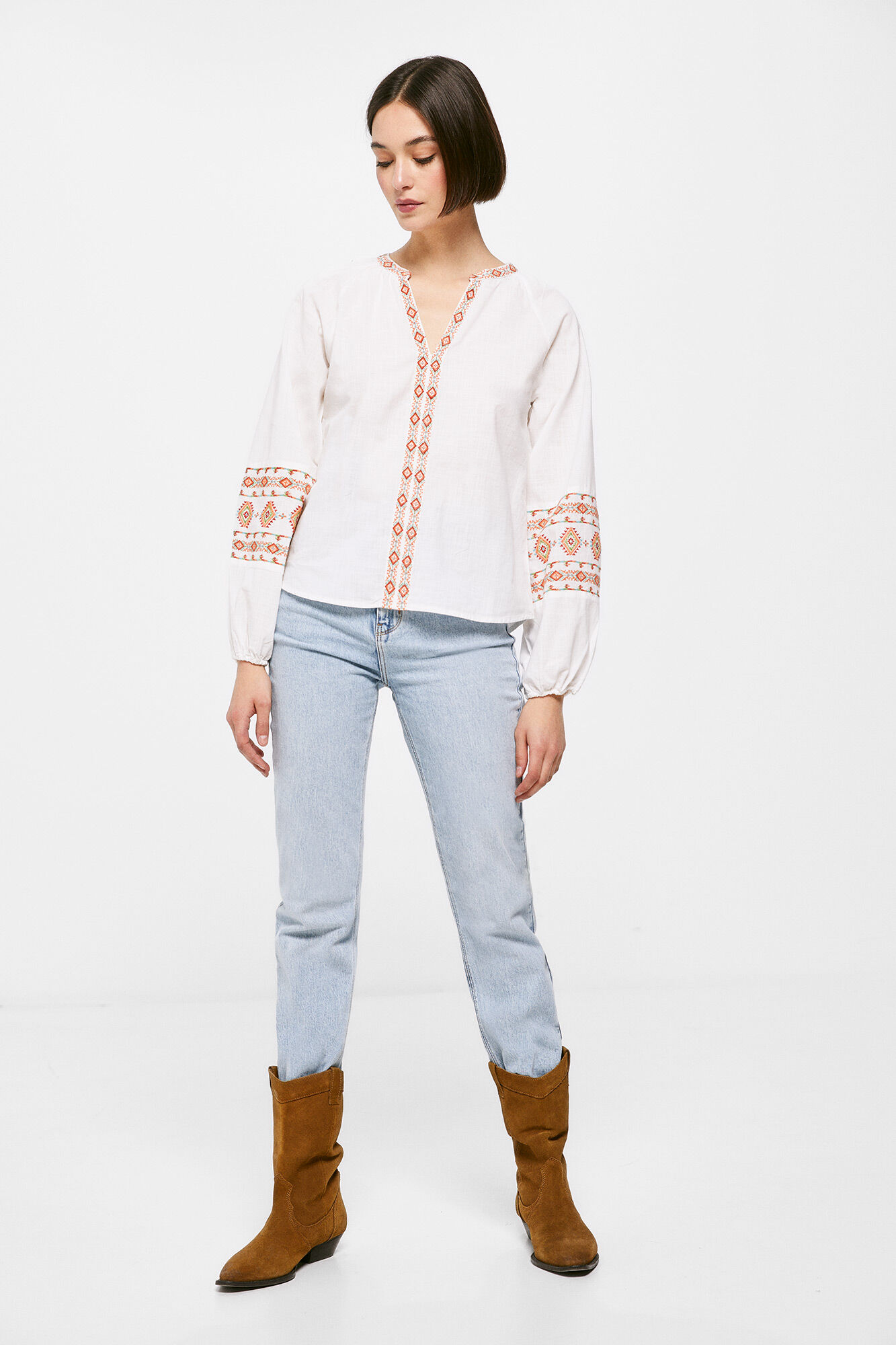 Springfield Blusa Bordados Cenefas beige