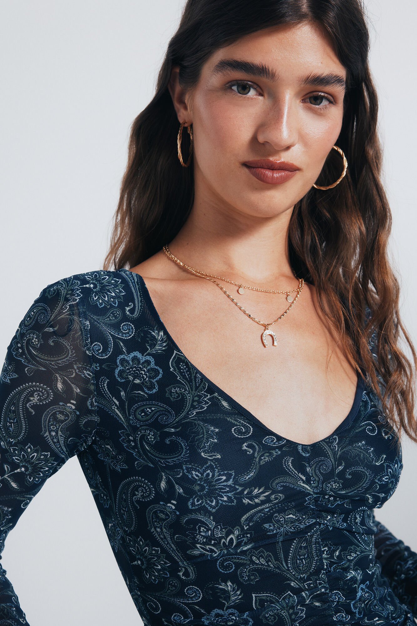 Springfield Playera gasa escote frunces estampada