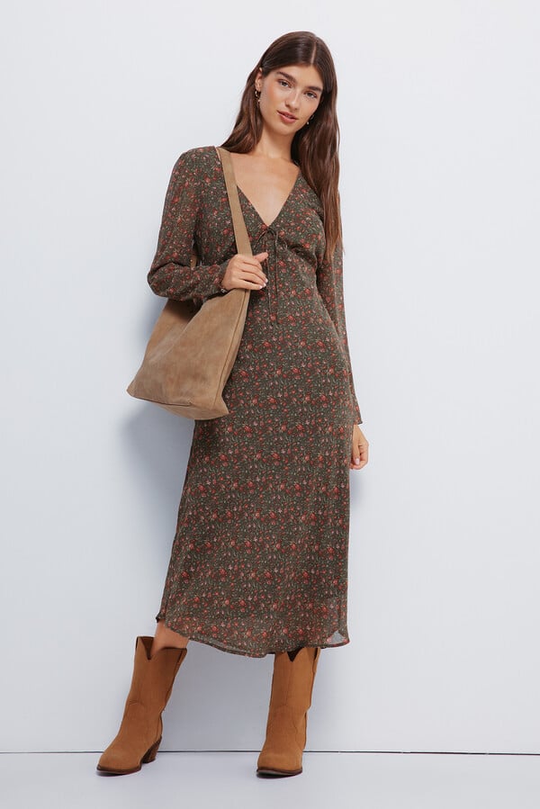 Springfield Vestido midi floral khaki