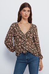 Springfield Blusa con volante florales en la parte delantera khaki