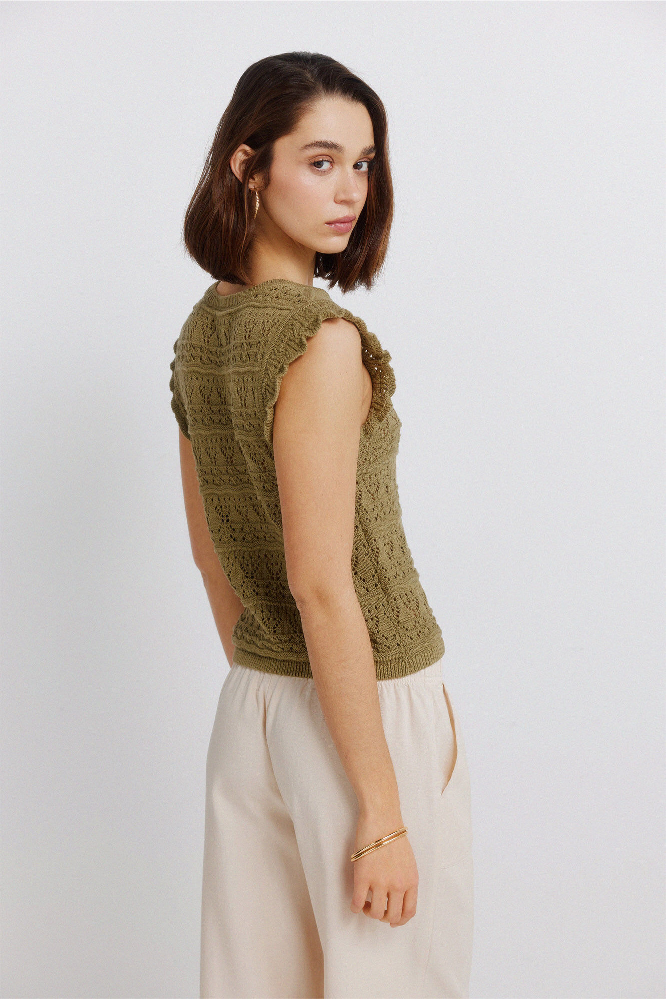 Springfield Top pointelle con volante kaki