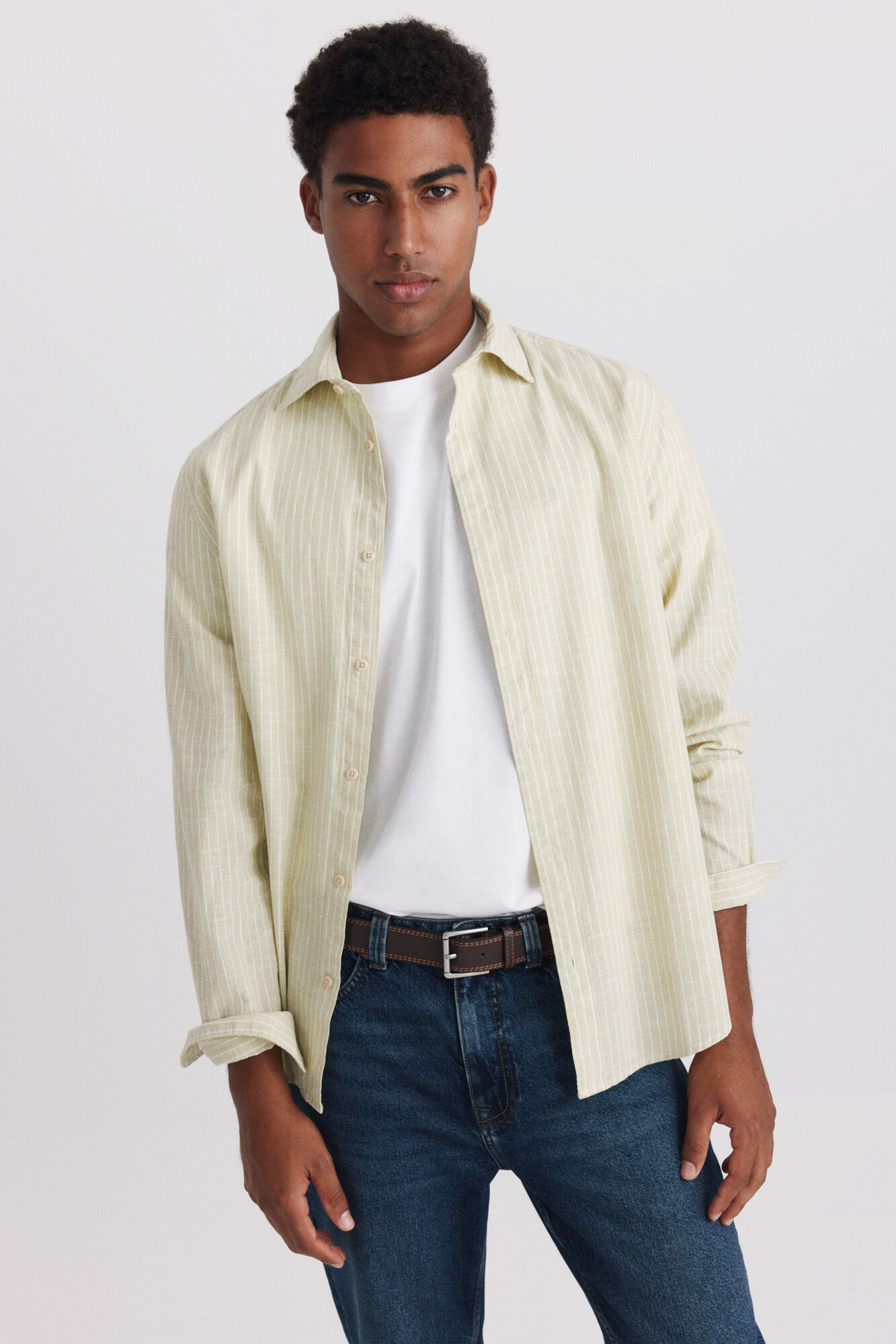Springfield Camisa de lino a rayas kaki