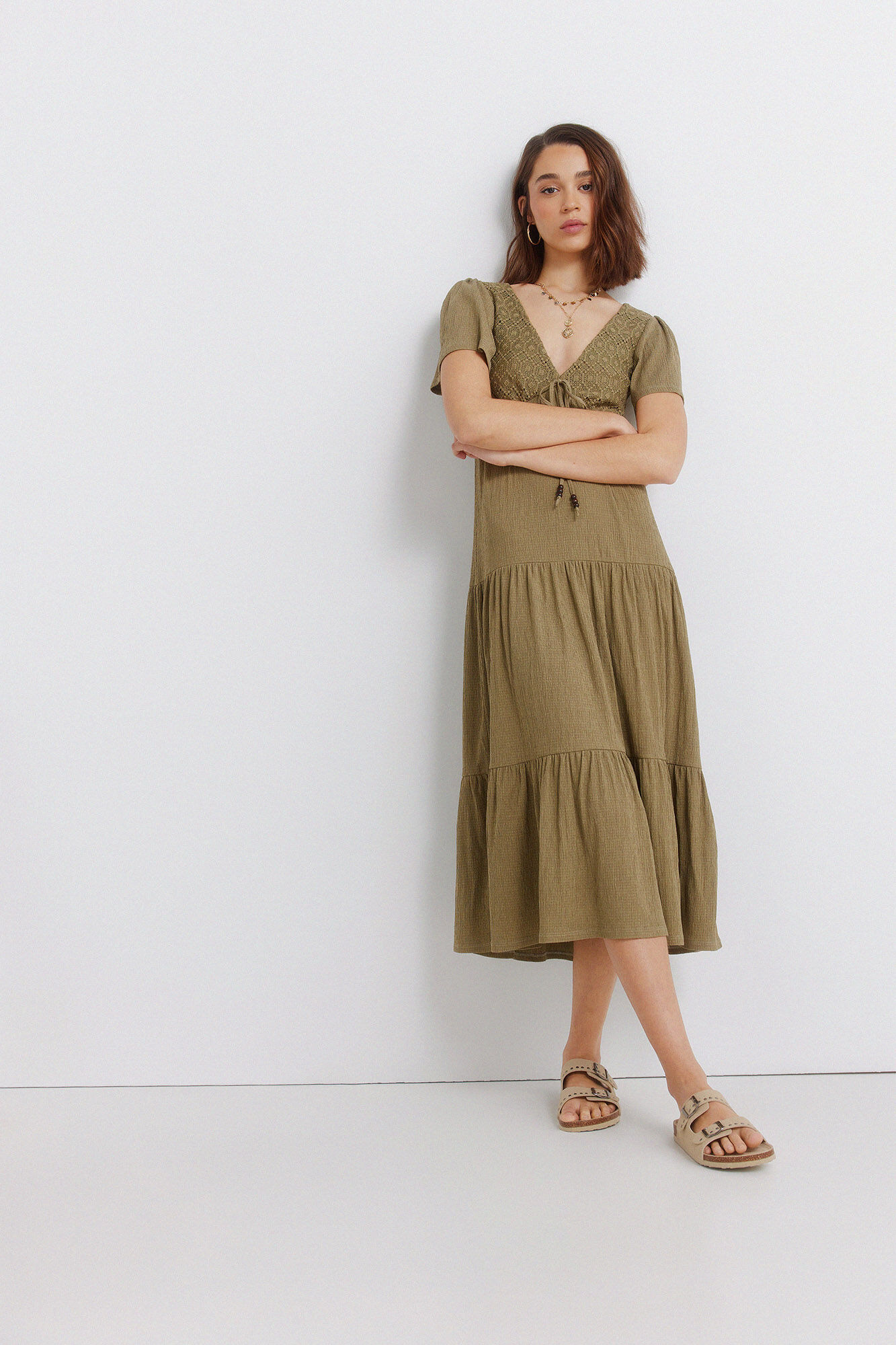Springfield Vestido midi con volantes kaki