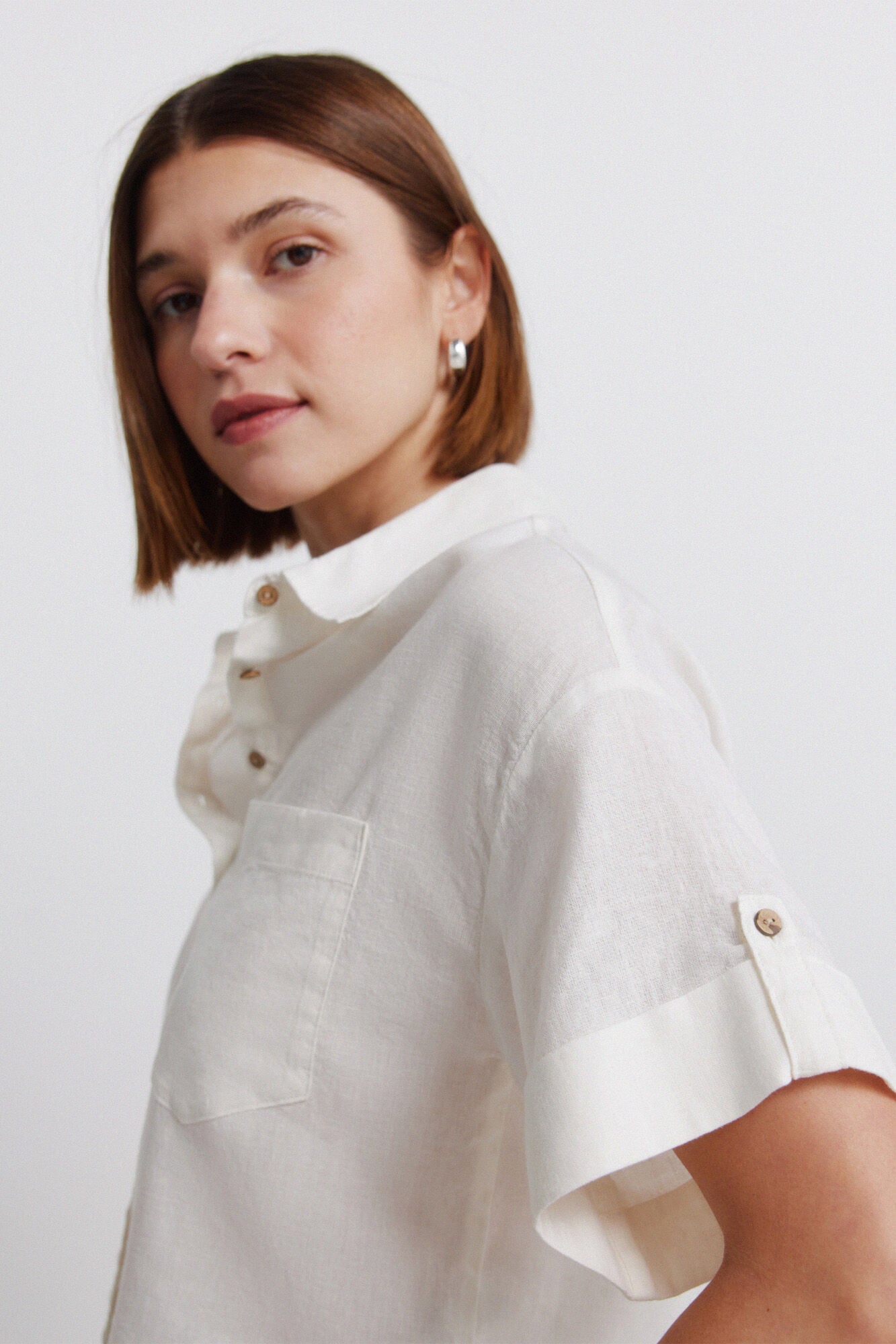Springfield Camisa de lino de manga corta beige