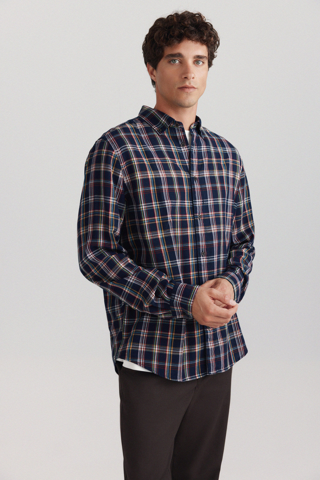 Springfield Camisa de cuadros de tencel y lino azulado
